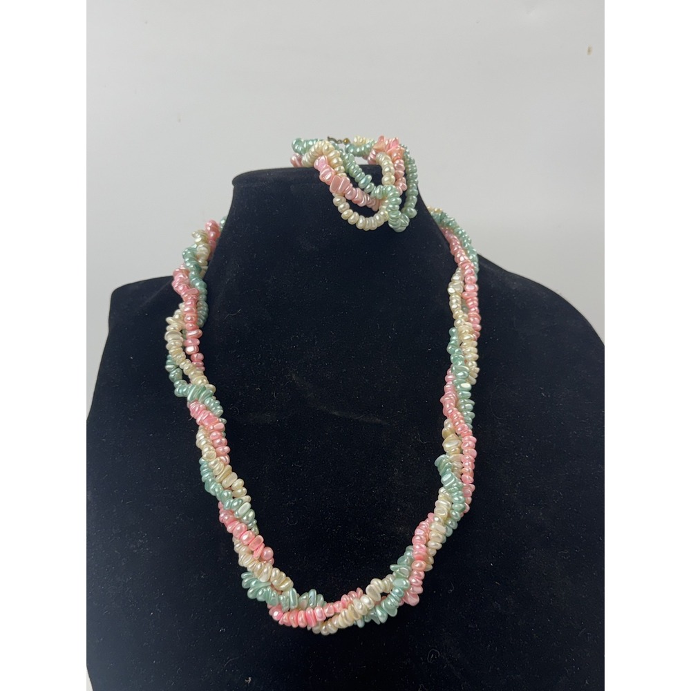 Vintage Pastel Freshwater Pearl Torsade Necklace Bracelet Set Pink Green Cream